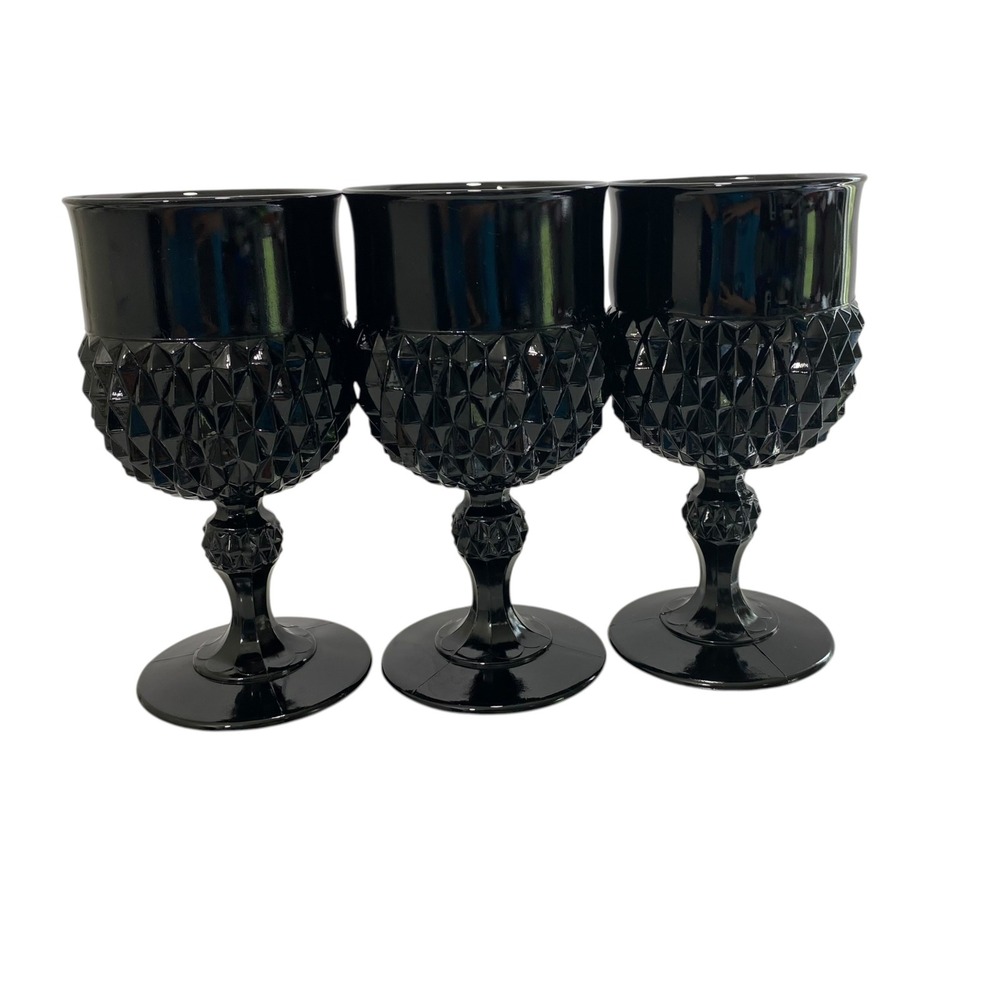 Vintage Black Milk Glass Goblets Diamond Point Water Wine Chalices Set of 3